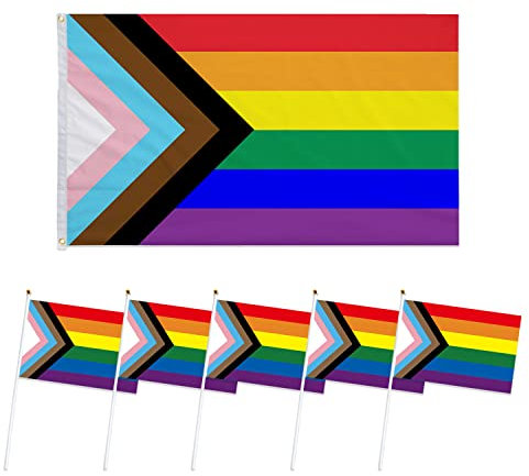 Bandiera del Progress, bandiera Gay Pride, Rainbow Flag, 150 x 90 cm, con 5 piccole bandiere con paletti