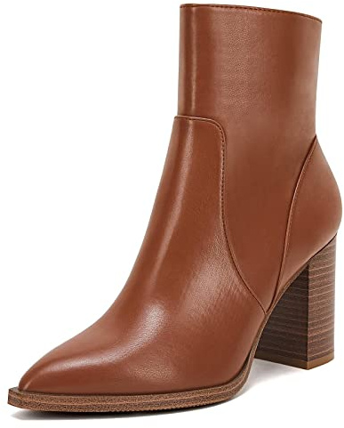 LAICIGO Women's Pointed Toe Ankle Boots Chunky Stacked Heel Side Zipper Faux Leather Ankle Booties, Brown, Size 6