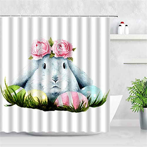 Duschvorhang für Eckdusche und Kleine Badewanne, Bad vorhang Textil aus Polyester Stoff Schimmelresistent Wasserabweisend und Waschbar, Süßer Hase， 240x180cm mit Duschvorhangringen Shower Curtains