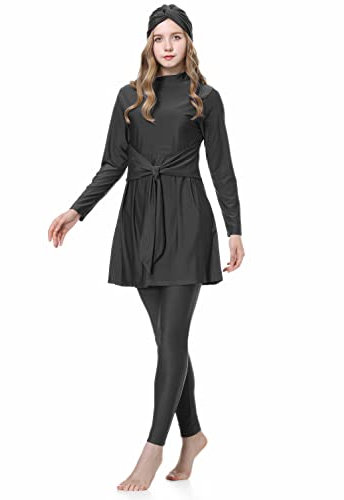 Highdi Damen 3 Stück Muslimische Badeanzug - Full Cover Bademode mit Hijab Einfarbig Islamische Burkini Frauen Bescheidene Badebekleidung Modest Swimwear, Schwarz, L