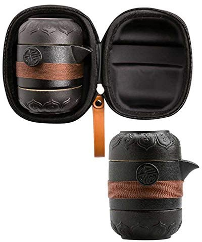Syfunlv Portable Tea Pot Set, Chinese Kung Fu Teapot 1 Pot 2 Cups, Portable Travel Tea Set with Case, for Home Trip Office Tea Supplies Black, 9.5 * 8cm