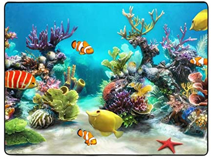 Tropischer Fisch-Teppich =>> 160 x 114 cm, weich im Griff, mit feinem Nickerchen, verschleißfest, Büro und Bett. Geeignet für Wohnzimmer.