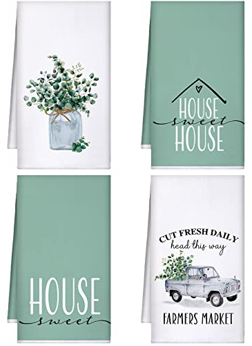 Bencailor 4 Pieces Eucalyptus Kitchen Towels 16 x 24 Inch Green Dish Towels Greenery House Hand Towels Absorbent Soft Microfiber Tea Towels for Home Wedding Kitchen Drying Towel