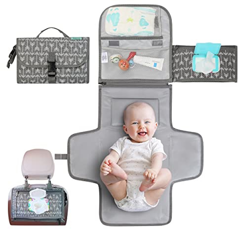 Kopi Baby Portable Diaper Changing Pad, Wipes Pocket, Classic Grey Arrows