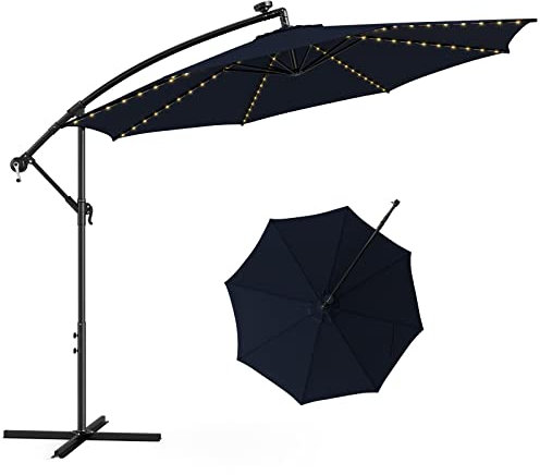 GOPLUS Sonnenschirm 303 cm, Ampelschirm 112 LED Solar mit Kurbel & Metallgestell, Gartenschirm Neigungswinkel höhenverstellbar, Marktschirm Strandschirm für Balkon, Garten, Terrasse, Strand (Navyblau)