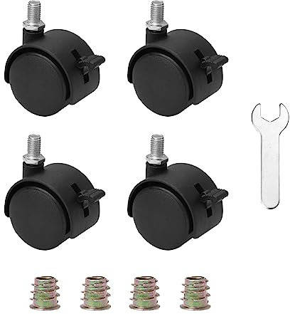 4 Stück 1.6Inch Möbelrollen mit Bremse, Nylon Lenkrollen mit M7,5-Gewinde, Mutter und Schraubenschlüssel, Schwarz