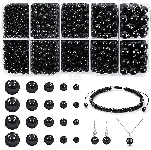 Qingmeng Schwarze Perlen, 1750 Stück 4/6/8/10mm Runde Bastelperlen zum Auffädeln mit Armbänder- und Halskette-Loch