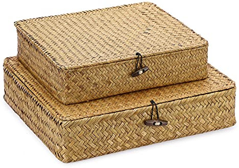 SUMNACON 2PCS Rattankorb aus Natürliche Seegras mit Deckel Handarbeiten Aufbewahrungskiste Aufbewahrungskörbe Ordnung Korb für Küche Badezimmer Schlafzimmer Gross+Klein(Rechteckig,Hellbraun)