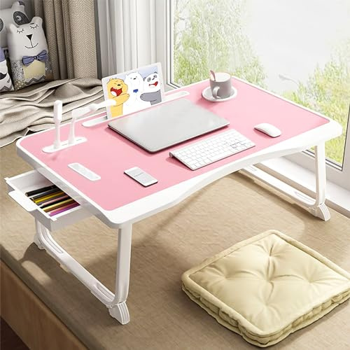 Laptop skrivbord USB-sängbord, vikbar bricka med USB-laddningsport, handtag, skrivbordskort/uppplats, sidolåda, bärbart laptopstativ för att äta läsning arbete camping (rosa)