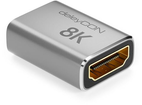 deleyCON 8K HDMI 2.1 Kupplung (48G, Ultra Highspeed) Adapter Verbinder 8K@60Hz 4K@120Hz 2K@144Hz/165Hz eARC HDCP 2.3/2.2 DTS:X für HDR Dolby Atmos TV PS5 Xbox Soundbar Monitor Silber