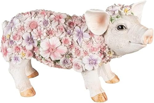 Generisch Figur Polyresin Ferkel Schwein rosa mit Blumen Dekofigur 33 cm lang - Landhausdeko - Dekoration - Frühlingsdeko Osterdeko