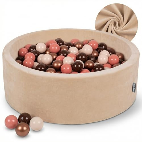 KiddyMoon Mjuk rund 90 x 30 cm/200 bollar 7 cm/2,75 tum för barn, skum sammet boll pool baby lekbollar, sandbeige: brun/koppar/pastell beige/laxrosa