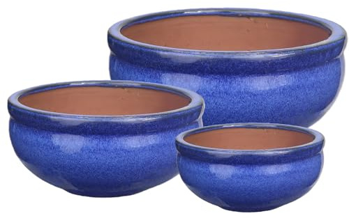 TucanoHamburg Blumentopf/Pflanzgefäß, Glasierte Steinzeugtöpfe, Modell 3er Set Schale in Blau,frostfest & handgemacht