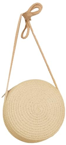 LERONO Taschen für Damen, Umhängetasche, einfarbig, handgewebt, Crossbody-Tasche für Damen und Mädchen, runde Strandtasche, trendige Handytasche, Stroh, gewebte Tasche, milchweiß