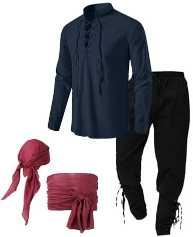 WAZHAKU Mittelalter Kleidung Herren Set Wikinger Kostüm Herren Set Mittelalter Kostüm Hemd Herren Piratenhemd Steampunk Renaissance Viktorian Halloween Kostüm Hose Oberteile Kopftuch Gürtel