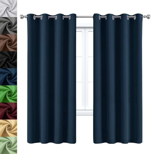 WUXXIANG Rideau Occultant Thermiques Lot de 2 90 x 200 cm Isolant Phonique et Thermique, Rideaux Occultants à Oeillets 2 Panneaux, avec Cravates, pour Cuisine Chambre, Bleu Foncé