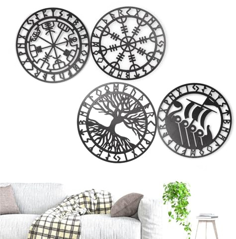 4 Stück Wikinger Wand Deko | Metall Wikinger De-kor Wanddeko Metall | Nordischer Kompass Wanddekoration Nautische Dekoration - Ausgehöhlte Ornament Für Schlafzimmer Wohnzimmer Kunst