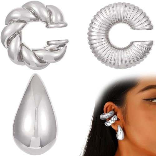 ZUWIJEQ 3er Set Ohrringe Creolen, Ear Cuffs für Damen - Silber