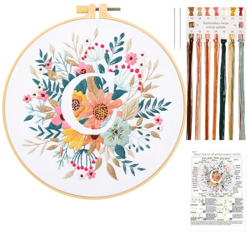 JSRQT Kit de Inicio Bordado de Flores con Letra C, Kit de Bordado de Gama Completa para Principiantes Adultos, Kit de Bordado Hecho a Mano en Punto de Cruz con Herramienta de Bordado para Craft Lover