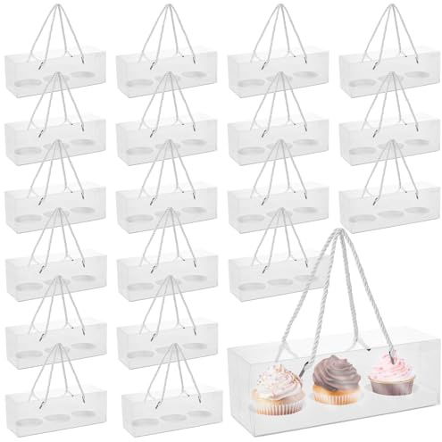 JEUIHAU 20 PCS 22.5 cm Individual Cupcake Boxes, 3 Hole Clear Bento Cake Box, Cake Slice Boxes with Handle and Inserts for Home Baking, Wedding, Holiday Party