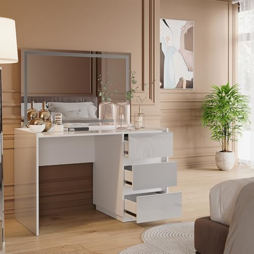 Vicco Tavolo da toilette Marla, Bianco lucido, 120 cm | con specchio a LED, Ampia superficie del tavolo per trucco, gioielli e accessori per lo styling