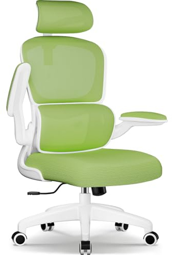 Aiidoits Bürostuhl, Bürostuhl Ergonomisch mit Lendenwirbelstütze, Klappbaren Armlehnen und Höhenverstellbarer, Wippfunktion bis 135°, Chefsessel 150 kg, Grün