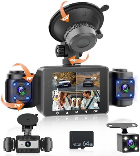 Fuluku 360 Degrés de Vue 4 Canaux Dash Cam Avant et Arrière Intérieur Gauche Droite, 1080P Dash Camera, Carte 64GB/Capteur/Caméra Arrière/24H Mode Parking/Vision Nocturne/Enregistrement en Boucle