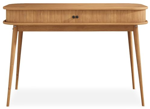 IDIMEX Schreibtisch JARI mit aufschiebbaren Fronten in Lamellenoptik, Eiche Farben - moderner Home Office Tisch aus Massivholz mit konischen Füßen, PC Tisch aus langlebigem Material