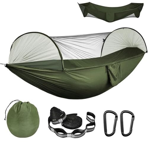 QIUYMGFG Hängematte Outdoor Camping Hängematten Doppelte Camping-Hängematte mit Moskitonetz, tragbare Pop-up-Hängematte, Fallschirm-Hängematte mit Baumgurten(Army Green)