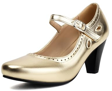 elerhythm dam Mary Jane Teardrop urringning klassisk och retro 1920-talet pump klackar 1950-talet vintage rund stängd tå 1940-talet ankelrem klänning skor, Guld, 39 EU
