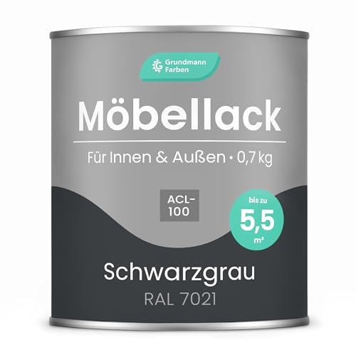Grundmann Möbellack ACL 100 - Schwarzgrau 0,7 Kg - Lösemittelfrei & Geruchsarm - 4in1 Möbelfarbe inkl. Grundierung - Innen und Außen - Für Holz, Metall & Kunststoff - RAL 7021 Schwarzgrau