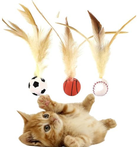 Coogime 3 Stück Katzenspielzeug Ball, Katzenballspielzeug mit Federdesign, Ultra hohe Elastizität Interaktives Katzen Spielzeug Feder