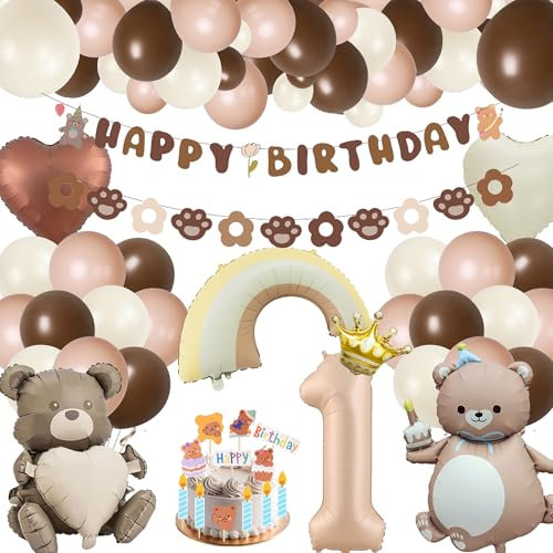 Xietaea Deko 1. Geburtstag Junge Mädchen - 117 Stück Bär 1 Geburtstagsdeko Happy Birthday Girlande und Tortendeko, Bären Folienballons Braun Luftballons für 1 Jahr Kindergeburtstag Dekoration