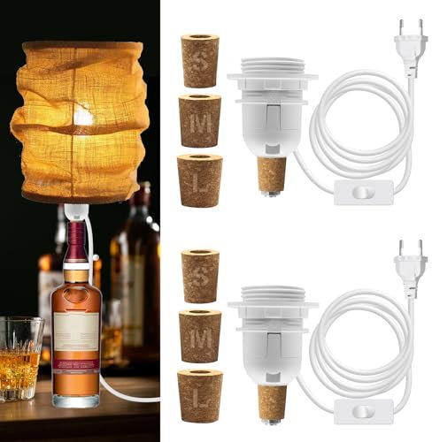 E27 Portalampada per Bottiglia 2 Pezzi, 240CM Cavo Porta Lampada con Interruttore, Bianco Kit Lampada Bottiglia con 3 Tappi di Sughero, DIY Lampada da Tavolo Kit per Bottiglie di Diversi Calibri