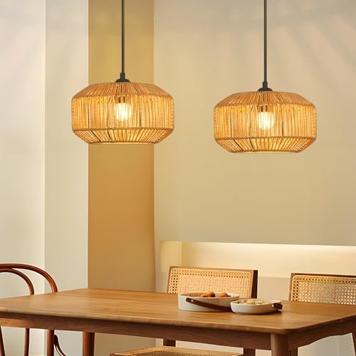 Deboola Hängelampe Boho Hängeleuchte Rattan Papierseil - 2ER Pendelleuchte Vintage Esstischlampe Esstisch Kurze Laterne Design E27 Pendellampe für Schlafzimmer Esszimmer Wohnzimme(Ohne Leuchtmittel)