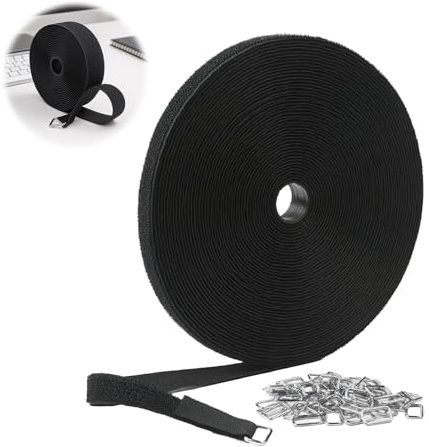 tiyiyok Fascette Plastica Riutilizzabili, 10 m x 25 mm, con Chiusura a Strappo, 50 Fibbie Incluse, Perfette per Cable Management e Raccogli Cavi, Regolabili, Fascette da Tagliare su Misura