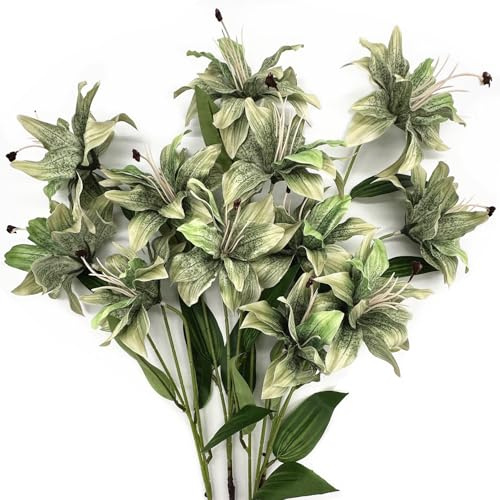 Artificial Lily Flowers, Vintage Fake Silk Flower Long Stems Stargazer Lilies Real Touch Faux Plants Tiger Bouquets for Home Decor Indoor Wedding Party Floral Arrangement DIY Decoration - Green 4 Pack