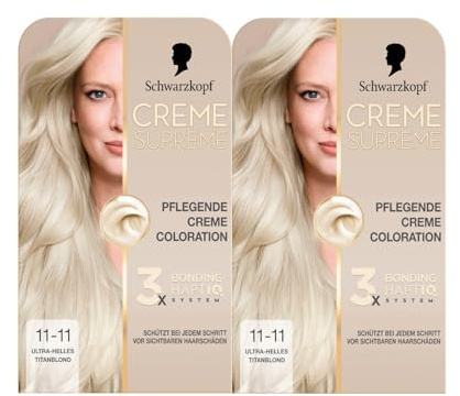 Schwarzkopf Creme Supreme Coloration 11-11 rubio titanio ultra claro (2 x 182 ml), color permanente con suero y mascarilla que protege contra daños visibles del cabello, para una cobertura 100% de