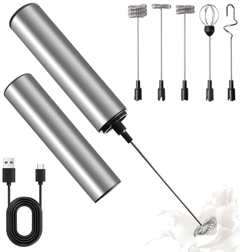 Wiederaufladbar Milchaufschäumer Elektrisch, Tragbarer Milchaufschäumer Stab aus Edelstahl mit 3 Geschwindigkeiten USB für Matcha, Heiße Schokolade, Cappuccino