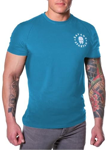 SAVAGE SPARTAN T-Shirt for Men - American Warrior Helmet Athletic Tee (Large, Light Blue)
