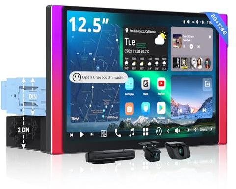 [12.5 QLED] Radio de Coche Android 1 DIN y 2 DIN, Pantalla Flexview, DVR de Doble Cámara, Visión IA, LiveView Re-Moto, Audio 7.1.2, RCA 4V, Entrada HDMI,4G LTE, CarPlay y Android Auto inalámbricos
