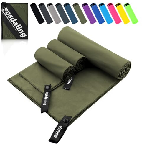Fosdaling Mikrofaser Handtuch 3er Set - Groß 180×90cm & 2 Klein 80×40cm, Schnelltrocknend Microfaser Sporthandtuch, für Badetuch, Reisehandtuch, Fitness & Sport Handtücher & Strandtuch (Armeegrün)