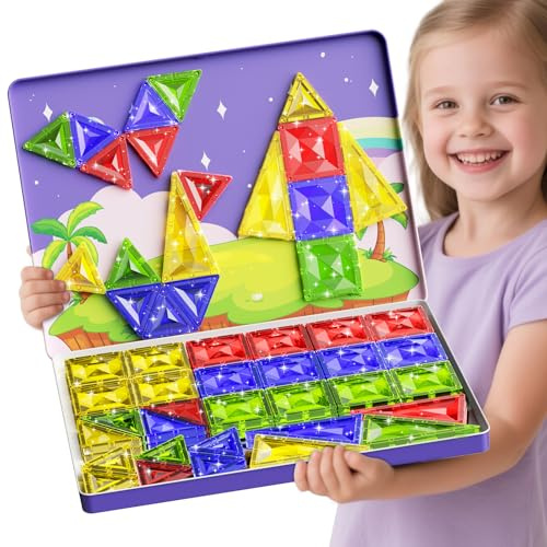 Magnetiska plattor, reseleksak, 60 delar, 5 cm, diamantfasetter, med metallförvaringsfodral, byggplatta, STEM, byggleksak från 3 år, magnetiska byggstenar, pedagogisk leksak, byggsats, gåva