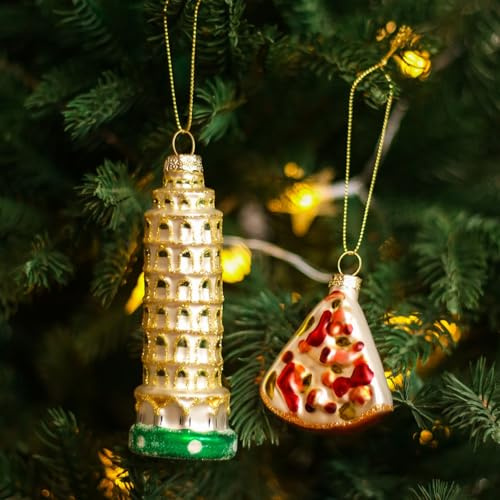 Amanman Italienischer Christbaumschmuck 2er-Pack: Schiefer Turm von Pisa & Pizzastück | Italien Reiseschmuck für den Weihnachtsbaum, Geschenke & Dekoration mit italienischem Thema
