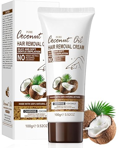 Coconut Oil Hair Removal Cream for Women & Men - Gentle & Fast Acting Depilatory Cream for Legs, Arms, Underarms & Bikini Area - Nourishing Hair Remover Cream for Smooth, Moisturised Skin - 100g