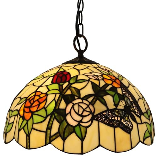 Bieye L11045 Butterfly and Rose Flowers Tiffany Style Stained Glass Ceiling Pendant Light (16-inch Wide)