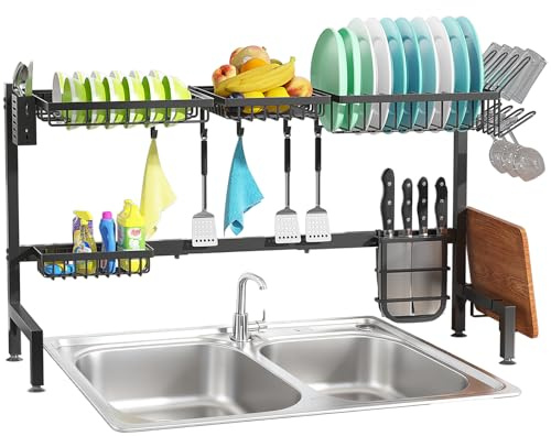 FREEAMG Over The Sink Drainer Rack with Fruit Basket, Rust-Proof 85-100cm | Expandable Over Sink Dish rack, Rust-Proof Draining Board Rack, 2 Tier Over The Sink Dish shelf with Metal Hooks(Black)