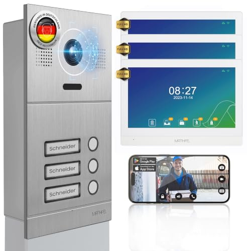 Mathfel 2-Draht IP Video-Türsprechanlage mit Türöffner – Full-HD Kamera, 10 Monitor & App-Steuerung – Smarte Video-Türklingel mit Gegensprechanlage (Silber, 3 Klingeltaster)