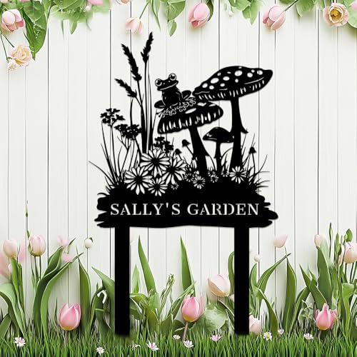 Personalized Metal Garden Sign with Stake,Custom Mushroom Frog Decor for Yard Outdoor,Customized Gardener Name Signs Gardening Gifts,Flowers Welcome Plaque Decoration for Patio Lawn Farm Art Outside