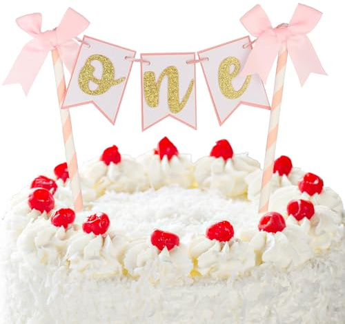 Elegant 1st Birthday Cake Topper Set with Pink Bows for Baby Showers, Gender Reveals, and Photo Booth Decorations